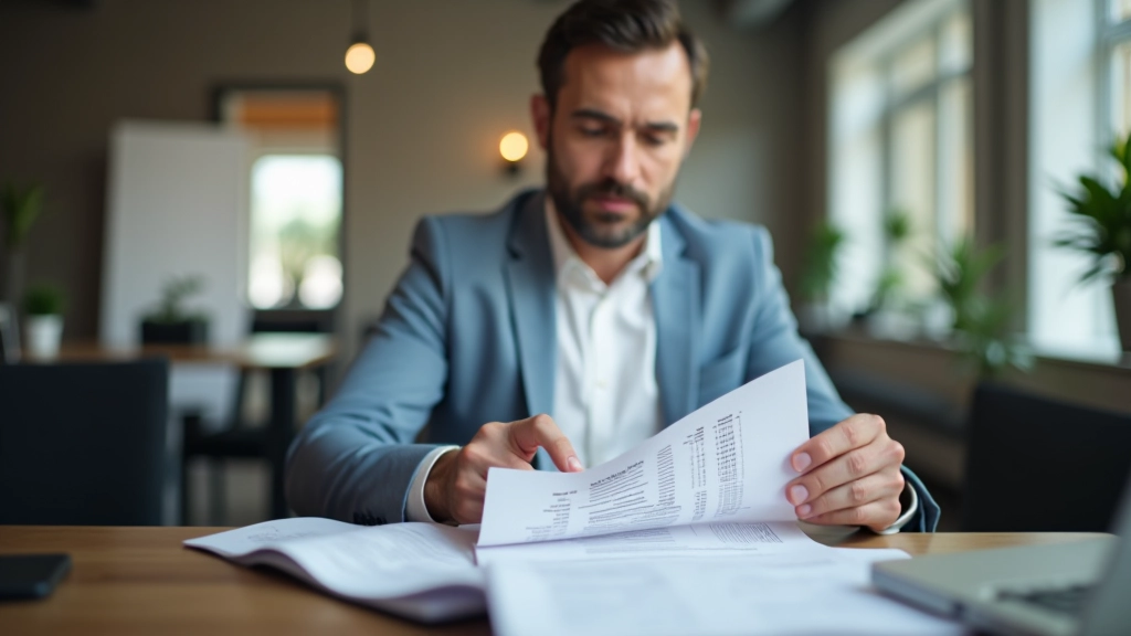 Empresario analizando costes laborales en documentos financieros, oficina moderna con papelería