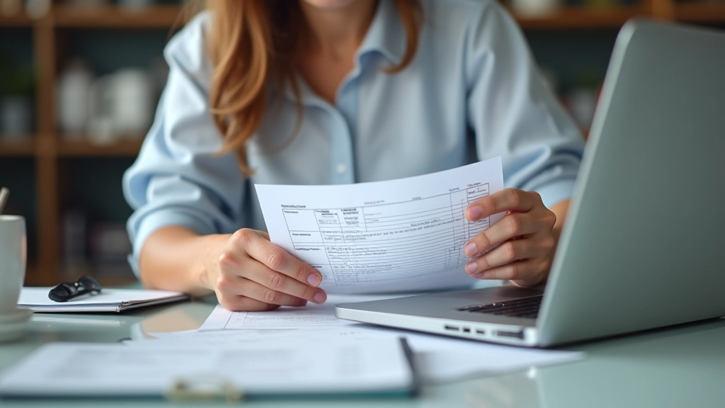 Persona revisando nómina en laptop con documentos de seguridad social, escritorio ordenado con luz natural