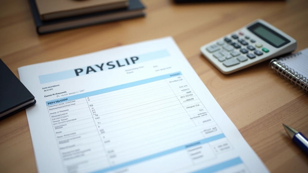 Documento de nómina impreso sobre escritorio con bolígrafo y calculadora