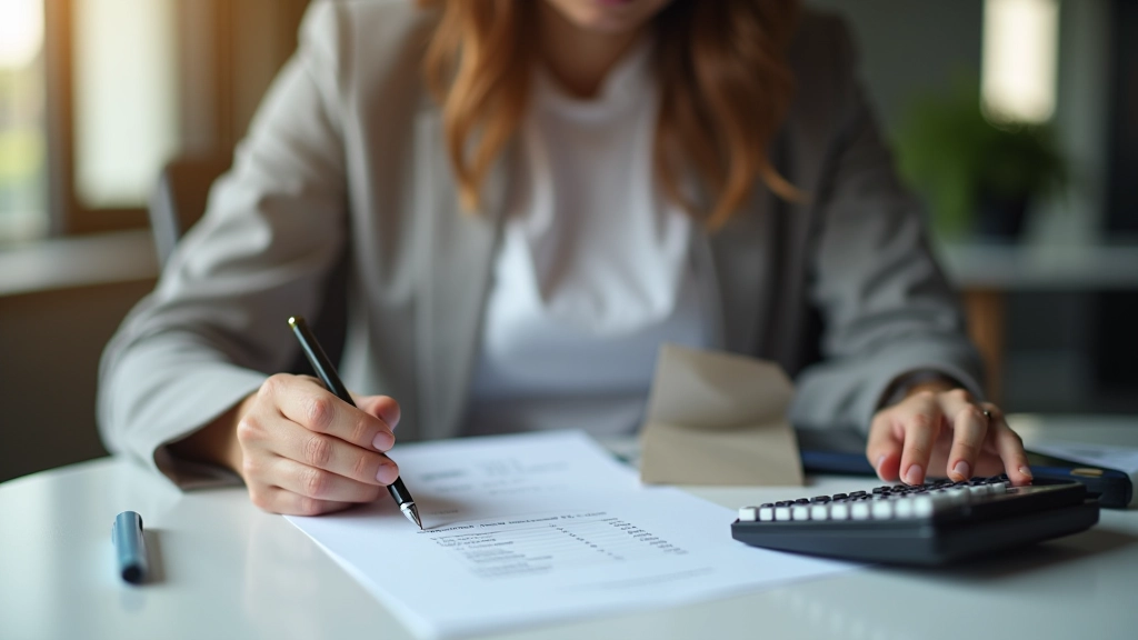 Persona revisando documento de nómina en escritorio con calculadora