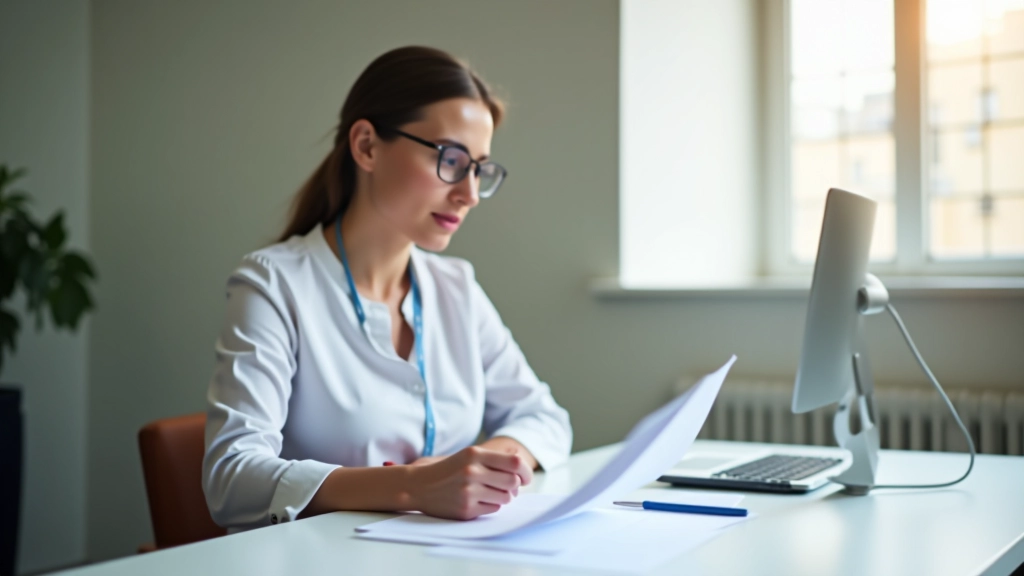 Profesional revisando documentos de nómina en un ambiente de trabajo moderno y luminoso